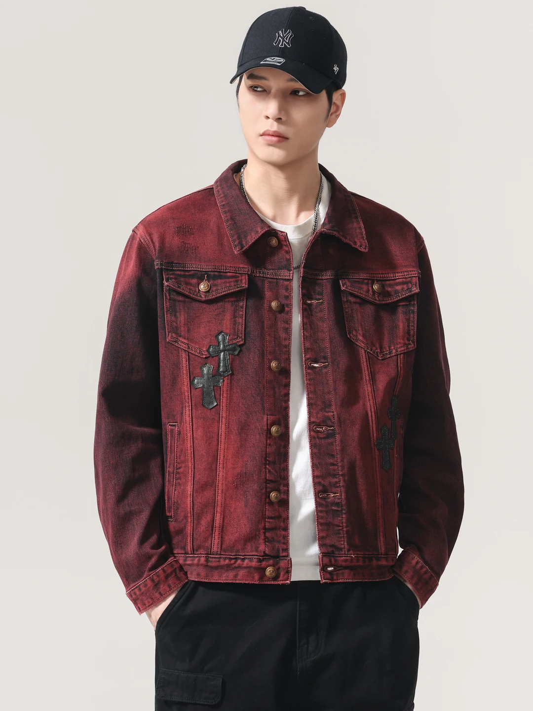 High-End Faion Brand Cross Patchwork Vintage Denim Jaet Men's Spring Autumn Slim Fit Embroidered Collar Heat-Sed Outer...