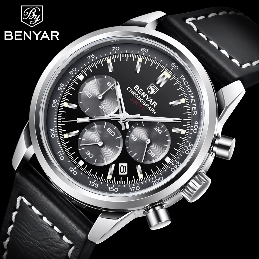 BENYAR Mens Watches Top Brand Luxury Sports Chronograph Quartz Watch Men Military Waterproof Genuine Leather Reloj Hombre 2023