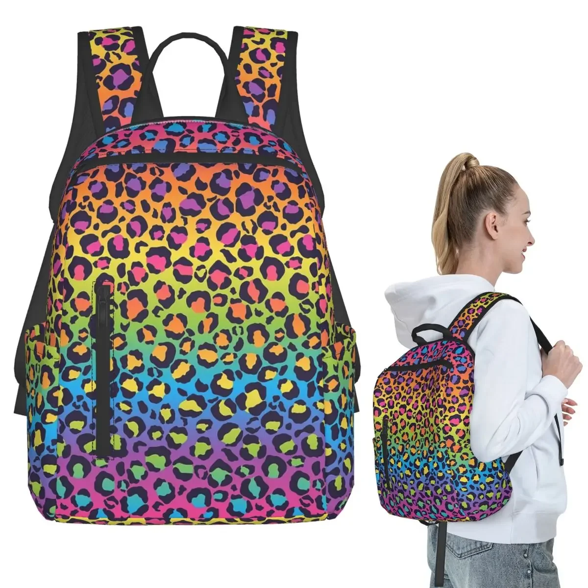 Bright Rainbow Ombre Gradient Leopard Print Pattern Backpack Student BookBag Children School Bag Laptop Shoulder Bags Boys Girls