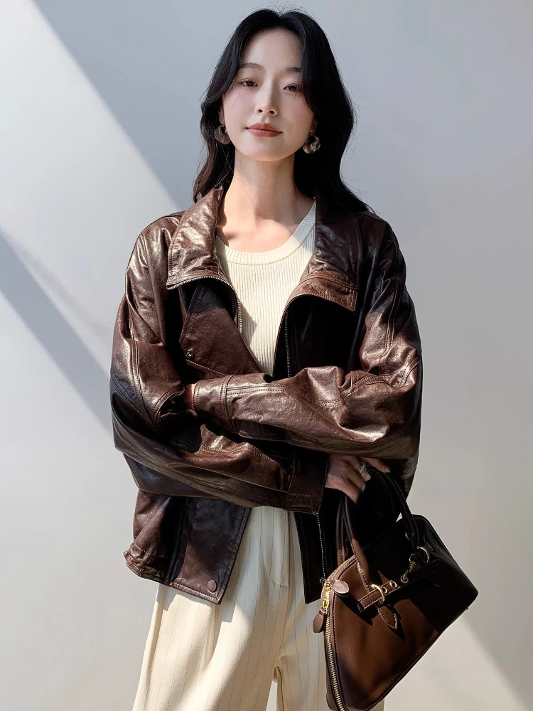 Oversize Genuine Leather Motorcycle Jacket for Women Spring Autumn High-end Simple Casual Soft Short Oil Wax Real Sheepskin Coat