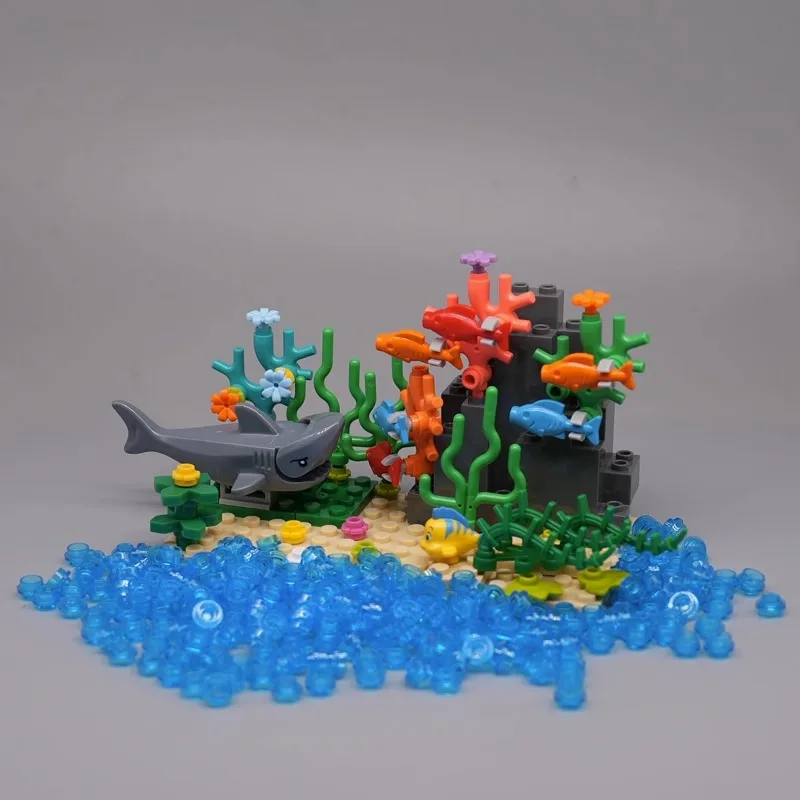 Small Particle Underwater World Scene Marine Creatures Sharks, Octopuses, Corals, Seawater Building Blocks Compatible with LEGO