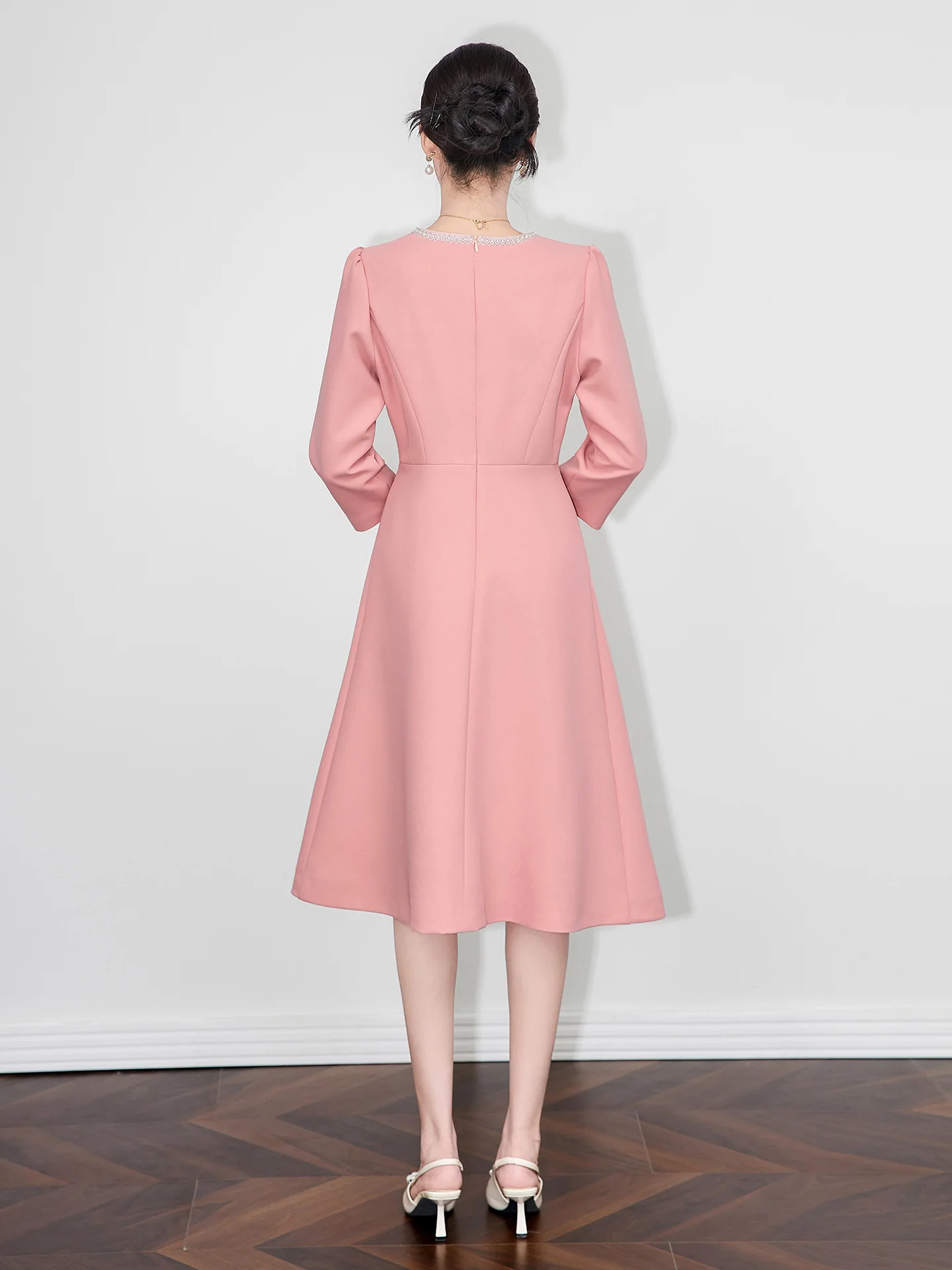 Zjyt nova moda beading midi vestidos para as mulheres outono 2025 designer manga longa sólido rosa aline casual vestido de festa