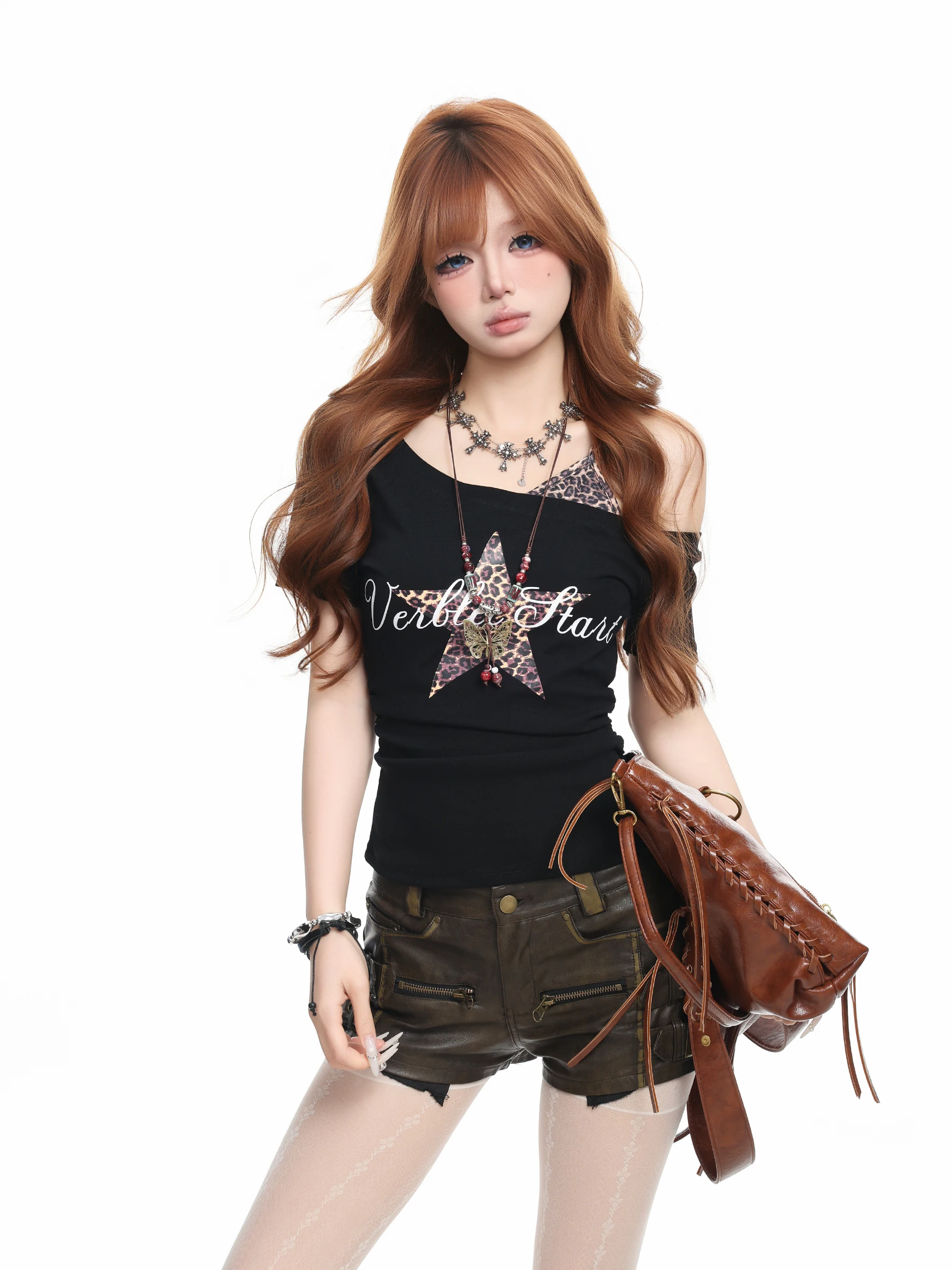 Basterds American Style Hot Girl Star Leopard Print Short Sleeve Slim Fit Shoulder T-Shirt Women Summer Casual High Waist Top