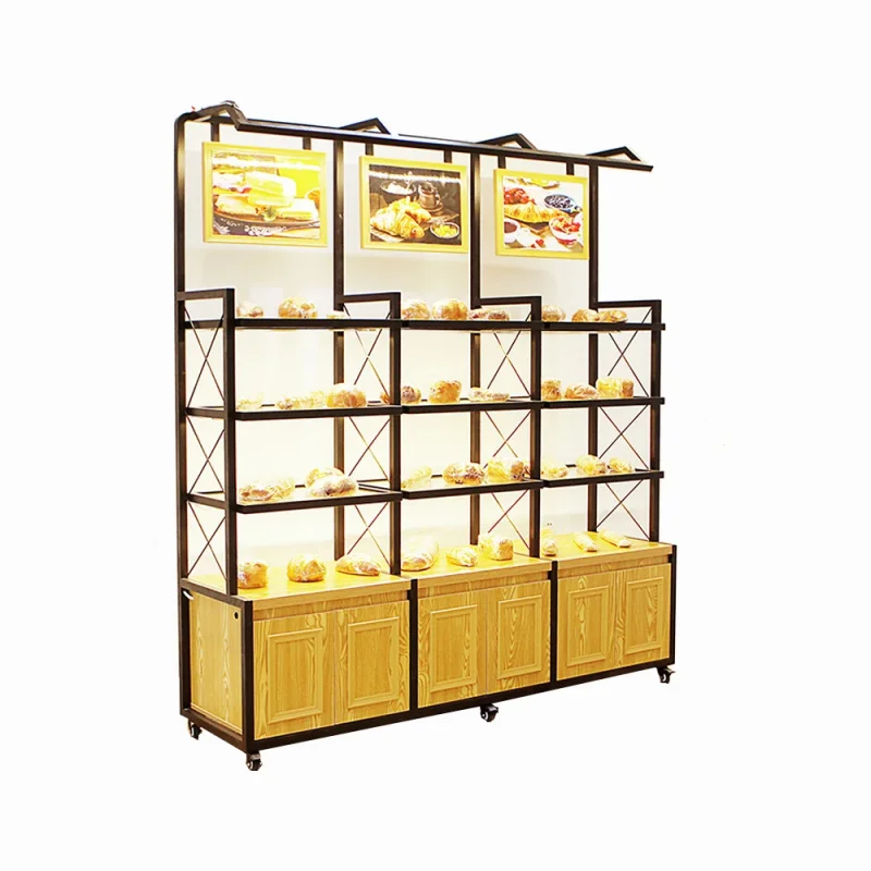 custom.Commercial Foldable Solid Wood Sectional Bread Rack Retail Bakery Sideboard Adjustable Shelves Advertising Display Custom