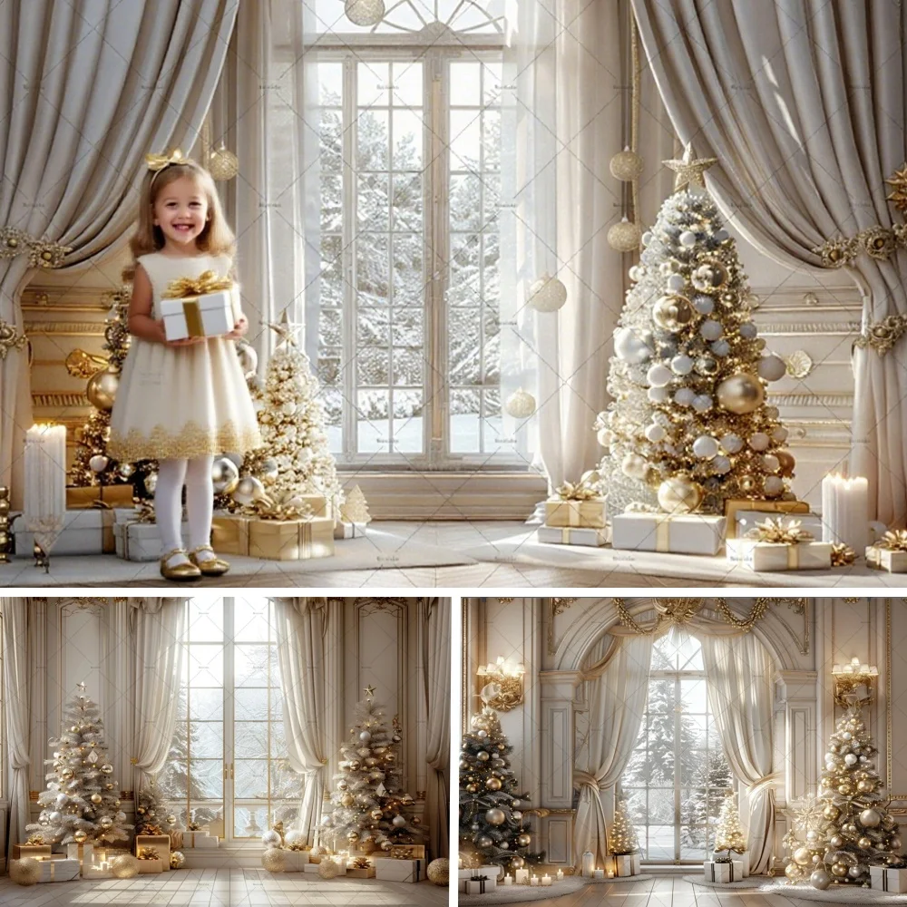 

White Christmas Window Photography Background Xmas Room Gold Xmas Tree Palace Backdrop Winter Girl Birthday Wedding Photo Studio