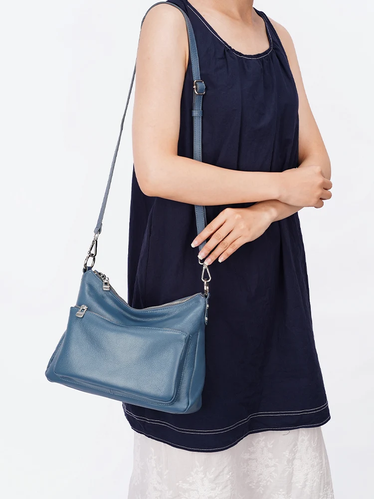 Zency Cowhide Leather Handbag Women Grey Shoulder Bag Fashion Multi-functional Pockets Crossbody For Work Commute Shopper Blue