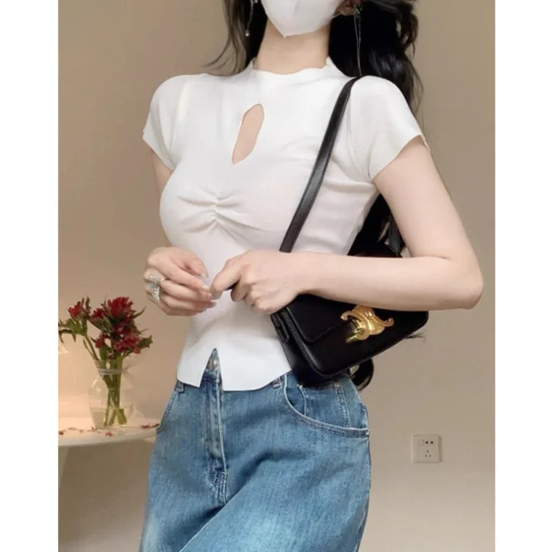 

Knitted T-shirt Summer Women's Ice Silk Knitted Slim-fit Slim T-shirt Sexy Thin Short Top Trendy