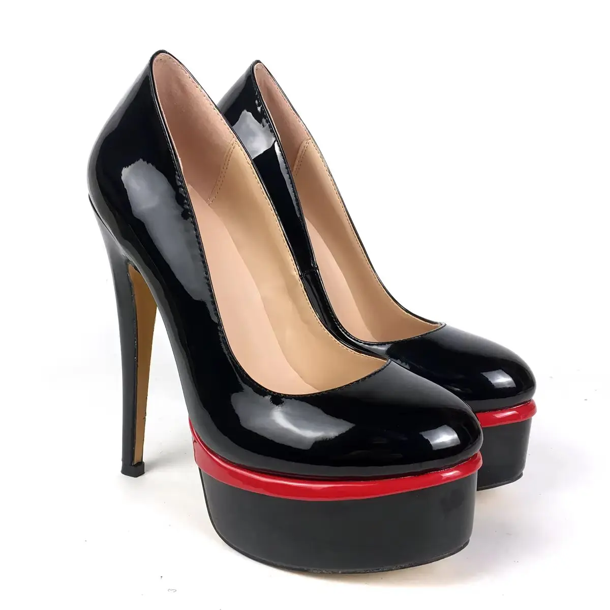

Fashion Womens Platform High Heels Pumps Round Toe Patent Leather Stilettos Black Ladies Evening Party Clubwear Shoes Slip On