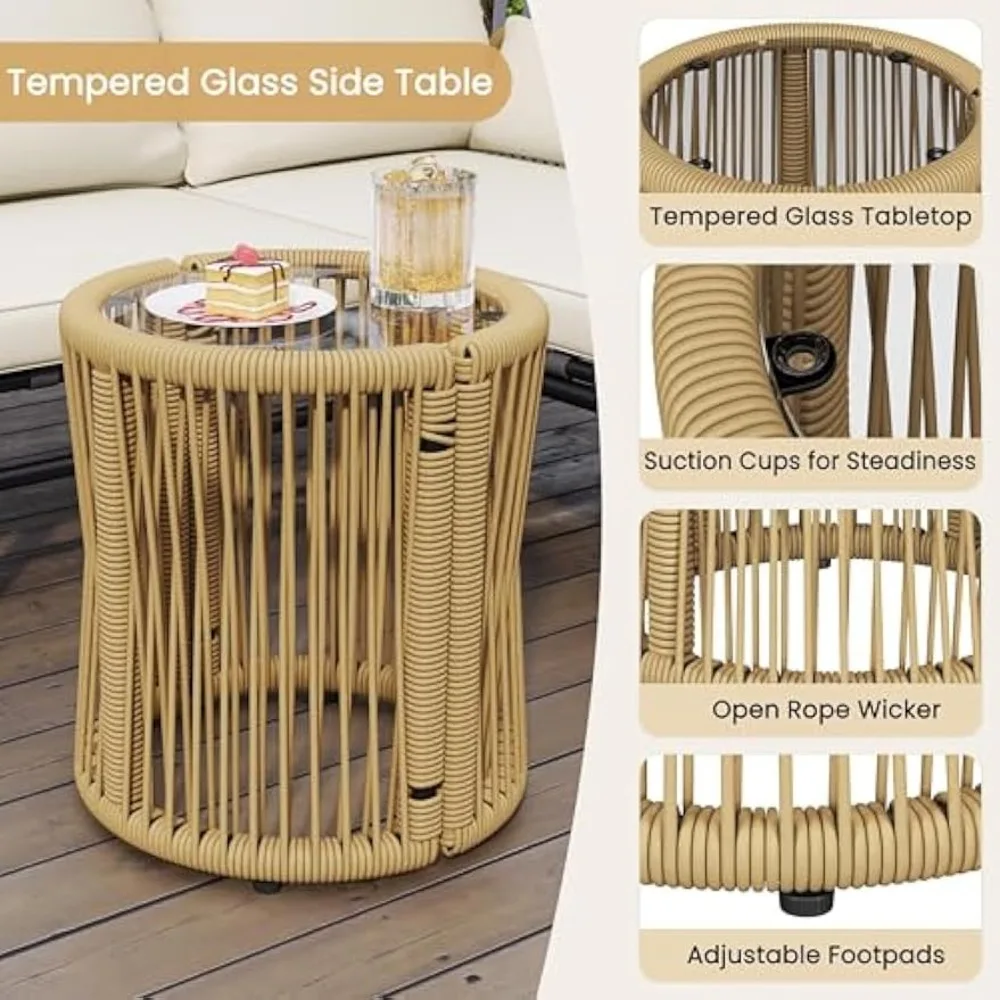 Juego de sofás de conversación en forma de L de 3 piezas, juego de muebles de patio al aire libre con tumbona desmontable, cojines gruesos, mesa auxiliar de vidrio para