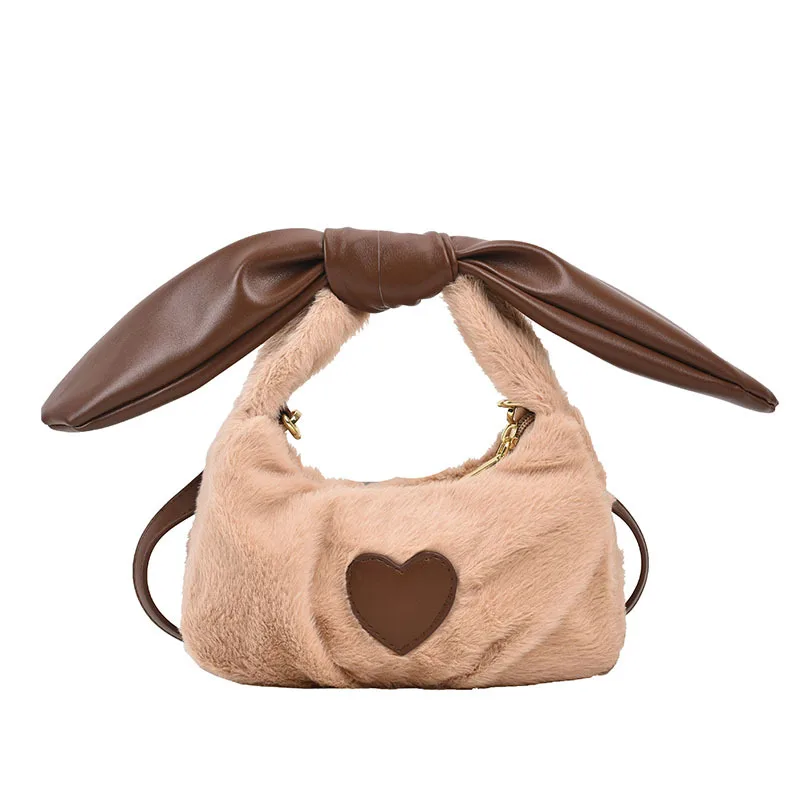 2025 Fall Winter Viral Heart Fur Bag Bunny Ears Handle Shoulder Bag Trendy Plush Crossbody Purse for Women Cute Cozy