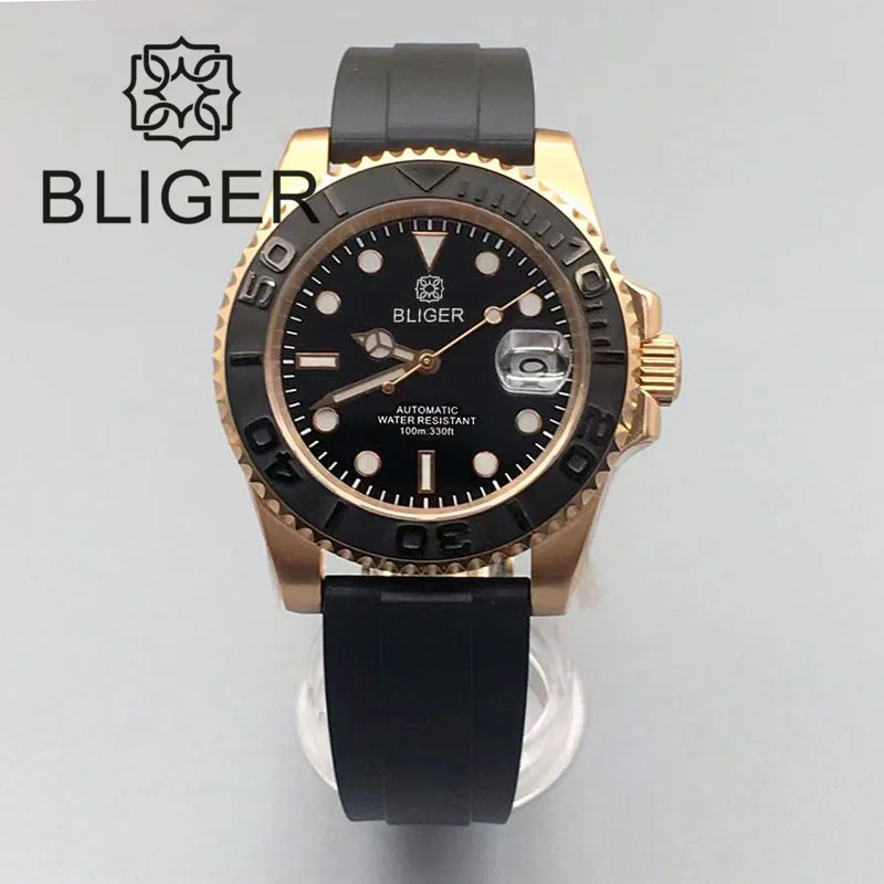 

BLIGER 40mm Automatic Men Watch Japan 24 Jewels NH35 Miyota PT Mingzhu Rose Gold Case Brushed Ceremic Bezel Rubber Strap Saphire