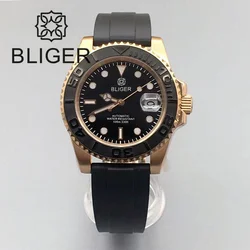 BLIGER 40mm Automatic Men Watch Japan 24 Jewels NH35 Miyota PT Mingzhu Rose Gold Case Brushed Ceremic Bezel Rubber Strap Saphire