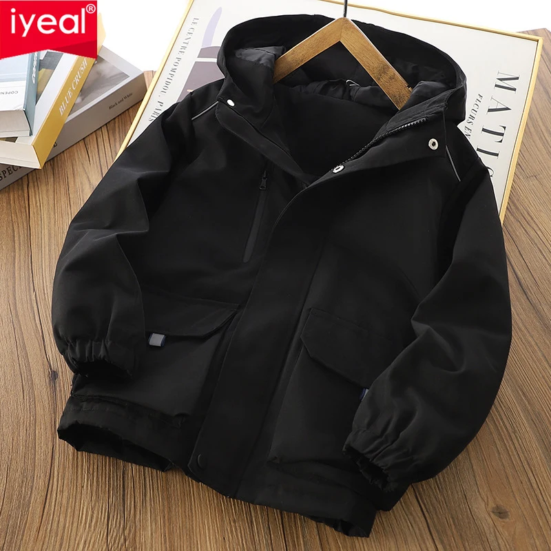 IYEAL  Winter Kids Boys Warm Zipper Coat Baby Boys Long Sleeve Hooded Windproof Jackets Warm Coats Clothes For 4-12 Years