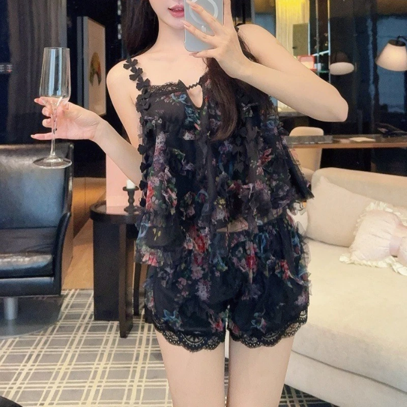 Jacquard Knitted Lace Princess Sexy Suspender Shorts Pajamas for Women New Outer Wear Home Clothes Pajamas Cute