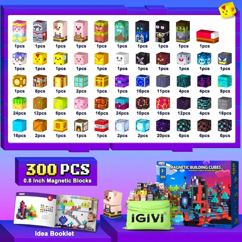 Ensemble de blocs de construction magnétiques: monde magnétique de Mine de 300 pièces pour enfants, jouets STEM et Montessori idéaux pour les 4 à 12 ans, cadeau parfait pour