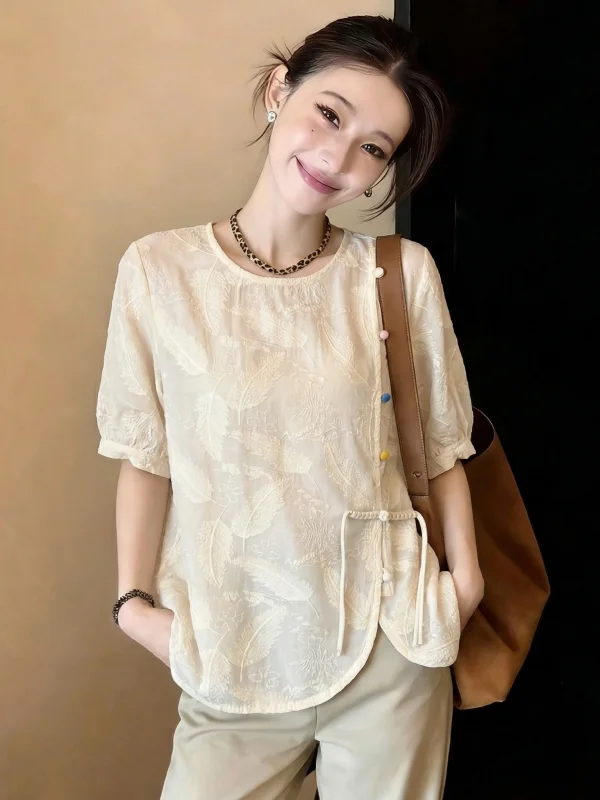 

New Chinese Style National Trend Embroidered Short Sleeve Shirt Women's Summer New Style Small Shirt Large Size Fat MM Irregu...