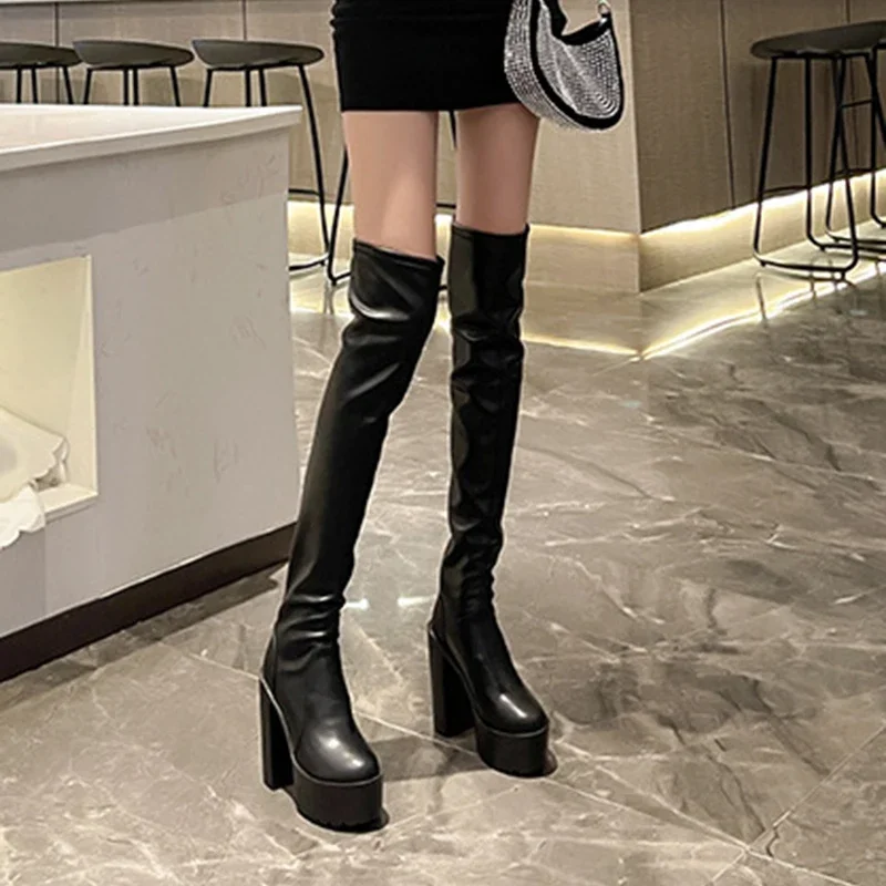 New Sexy Over The Knee Boots Round Toe 14cm Chunky High Heel Women's Shoes  Long Boots Black Platform Round Toe Thigh High Botas - AliExpress 322