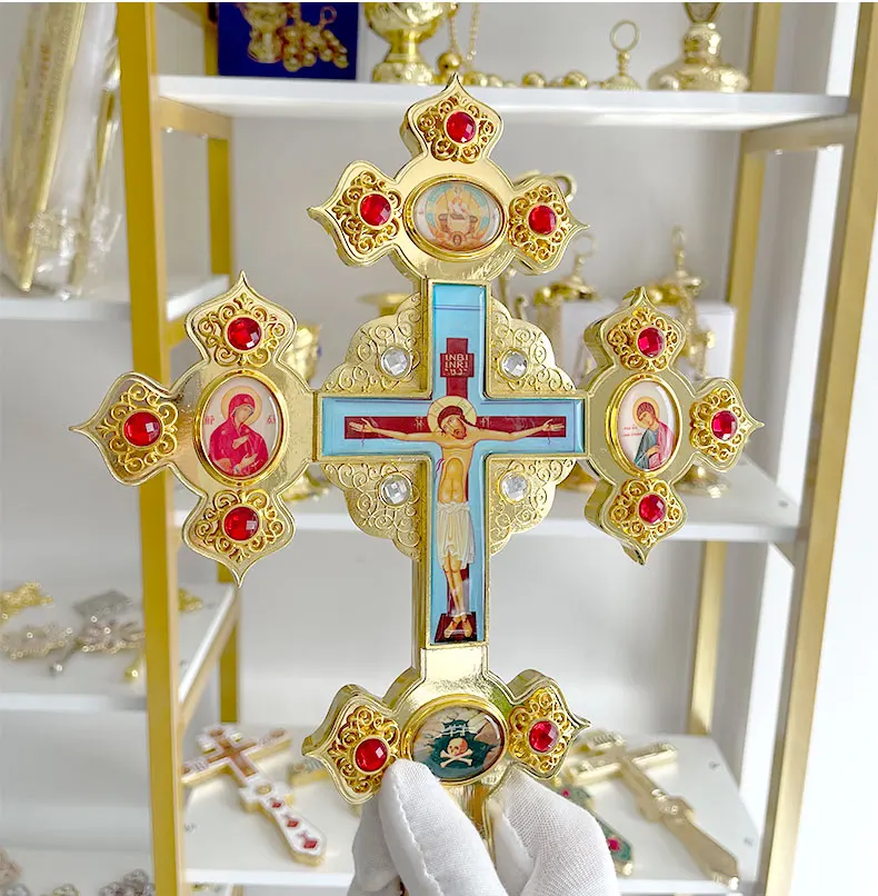HTISOK Orthodoxes Kreuz Kirchen-Gebetskreuz Bischofs-Handkreuz Kirchenbedarf Vergoldetes Jesus-Kruzifix – Detail 2