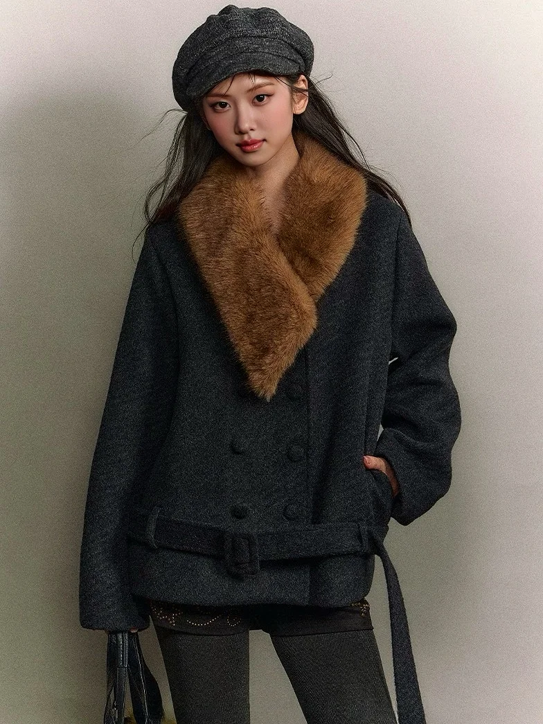 

Женское винтажное шерстяное пальто MOXI с меховым воротником, двубортное, с длинными рукавами, утепленное, зимняя верхняя одежда
