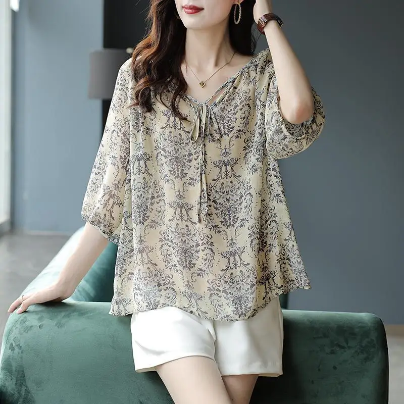 

2023 New Spring Fashion Printing V-neck 3/4 Sleeve Blouse Women Clothing Temperament Lacing Loose Shirts Ladies Office Lady Tops