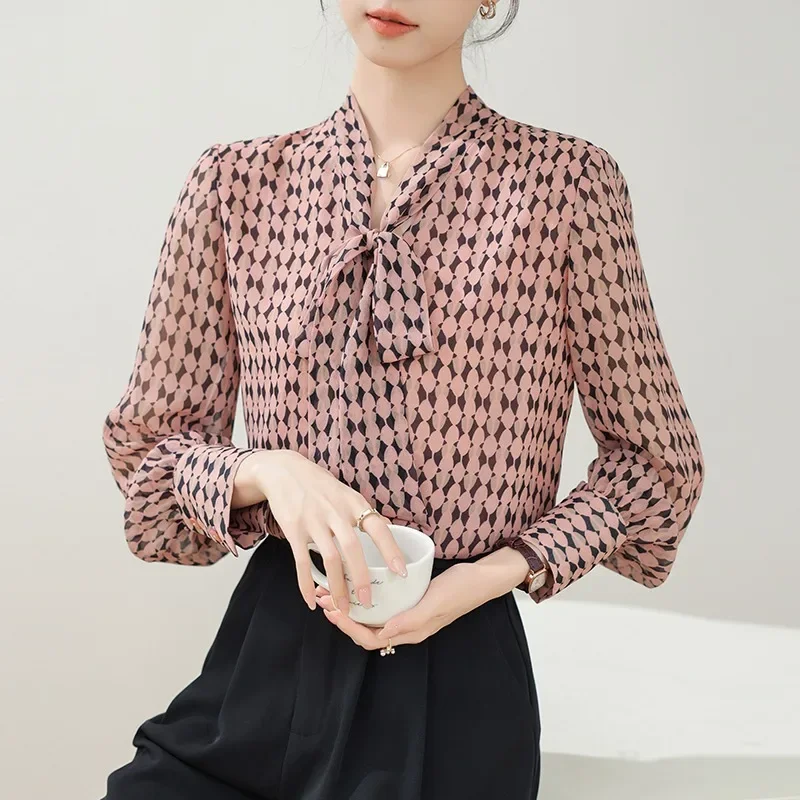 Vintage Women's Blouses Korean Version Shirts Bow Loose Spring/Summer Casual Clothing Printed Long Sleeve Women Tops