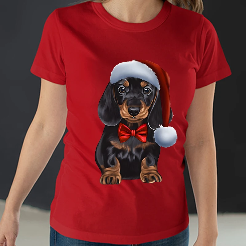 Christmas Hat Dog T-Shirt for Women Dog Lover Graphic Print Tops Short Sleeve Tees Funny Xmas Streetwear Tshirt Female Clothing