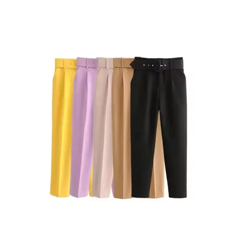

Женские брюки до щиколотки с завышенной талией и поясом, офисные брюки, боковые карманы, женская мода