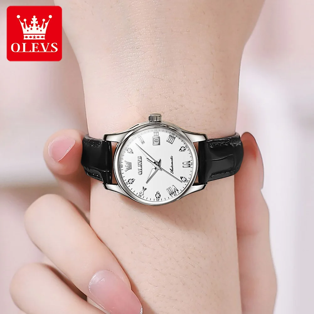 OLEVS Brand fully automatic mechanical watch women\'s simple leather strap calendar 9932