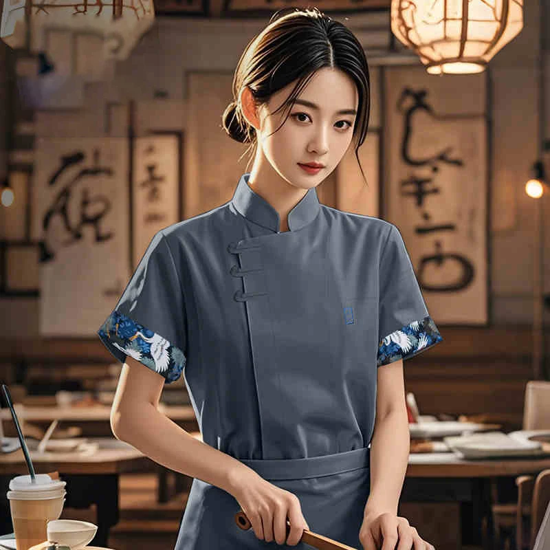 Chinese Style Chef Uniforms Unisex Summer Breathable Short Sleeve Kitchen Cook Work Tops Hotel Baking Cafe Restaurant Chef Coat
