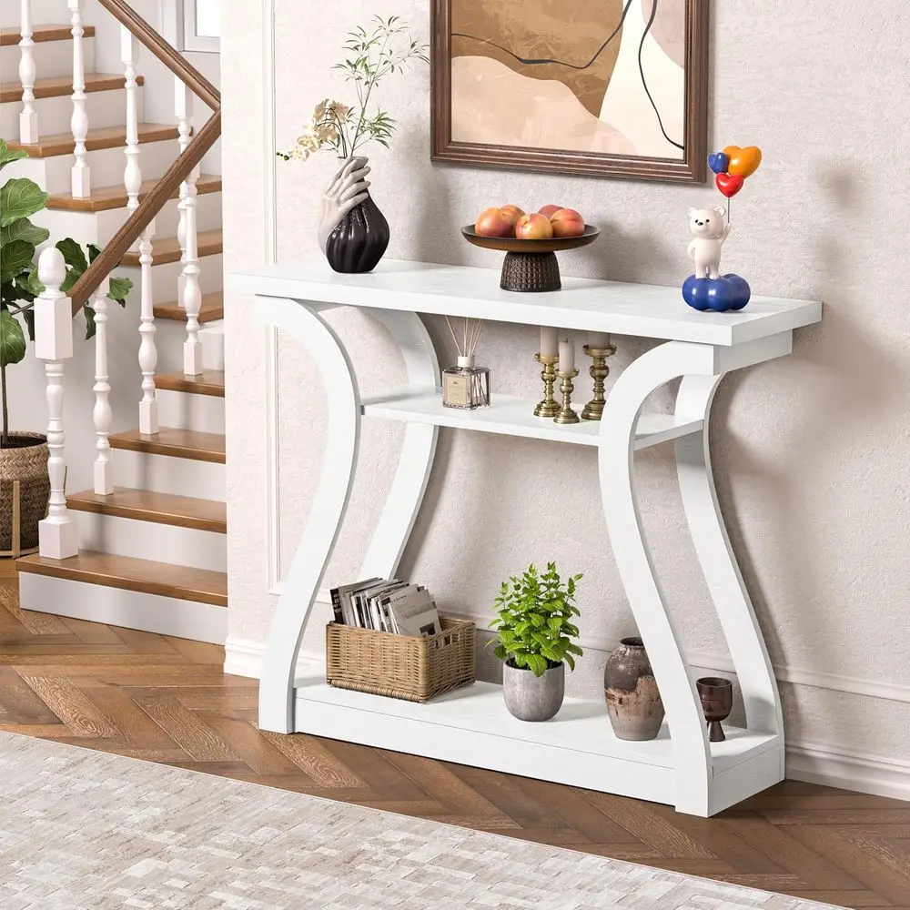

Ole Table with Curved Legs and Shel, 3-Tier Accent Sofa Table or Entrance Area, Living Room, Hallway, 47 in Wide (White)