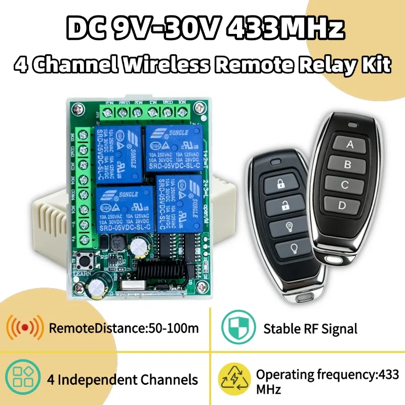 433Mhz RF Wireless Home Appliance Switch DC 12V Receiver 4 Channel 10A Relay Controller and Transmitter for Gate Door Opener