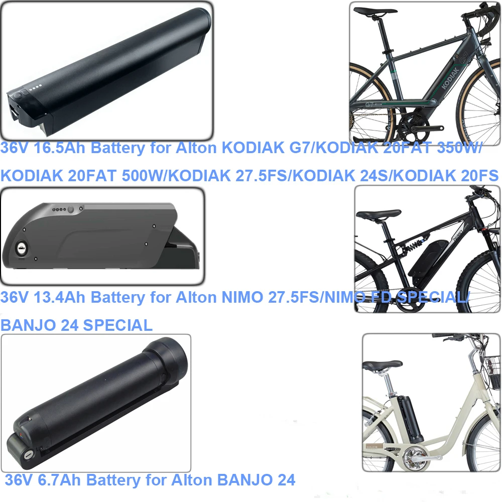 Akumulator Alton E-Bike 36V 6,7ah 13,4ah 16,5ah dla KODIAK G7 20FAT 350W 500W 20FS 24S 27.5S NIMO 27,5fs FD specjalne BANJO 24