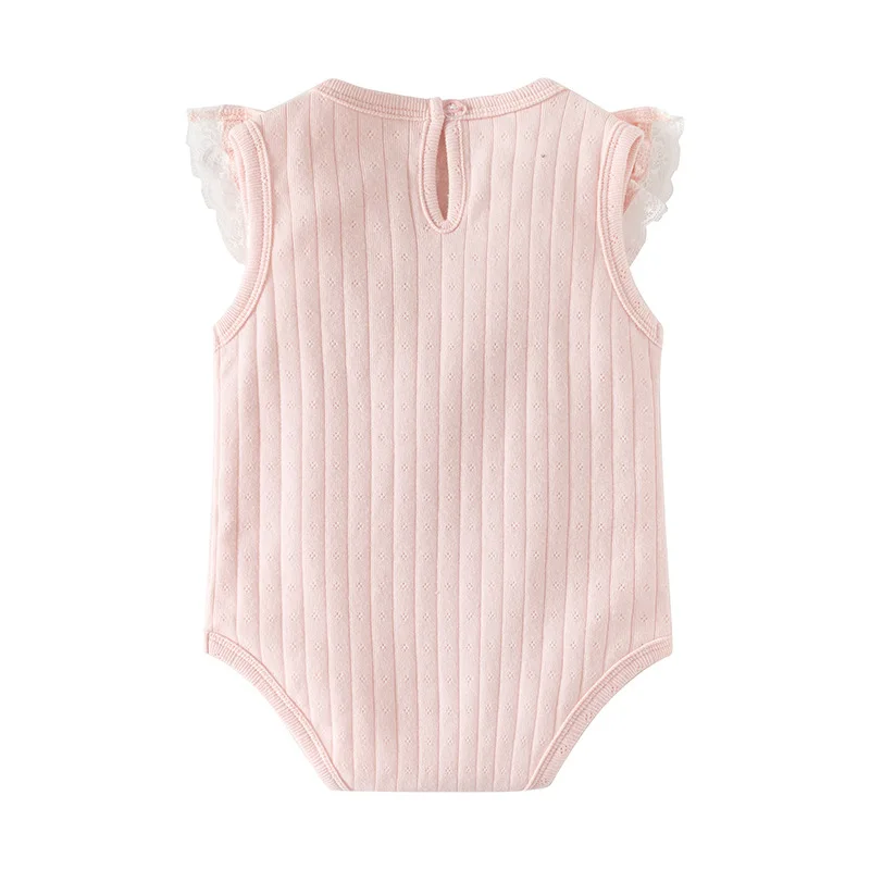 Summer Newborn Girls Clothes Korean Fashion Lace Cotton Pink Jumpsuits V-neck Sleeveless Bodysuits & One-Pieces Baby Stuff B024