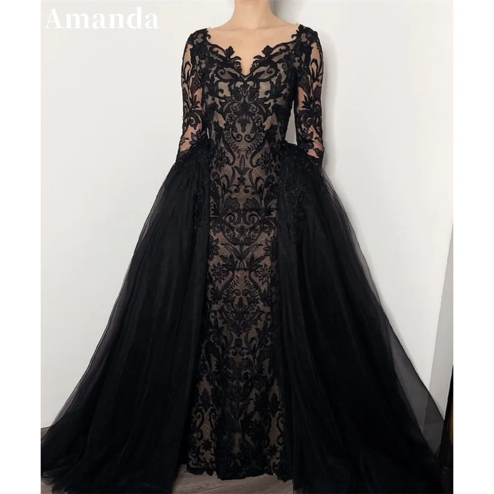 Amanda Black Lace Embroidery Tulle Prom Dress Sexy V-neck Long Sleeves فستان حفلات الزفاف Elegant Long Train vestidos de festa