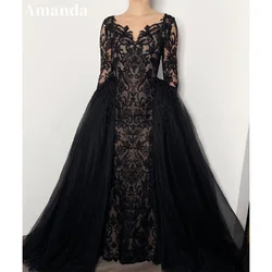 Amanda Black Lace Embroidery Tulle Prom Dress Sexy V-neck Long Sleeves فستان حفلات الزفاف  Elegant Long Train vestidos de festa