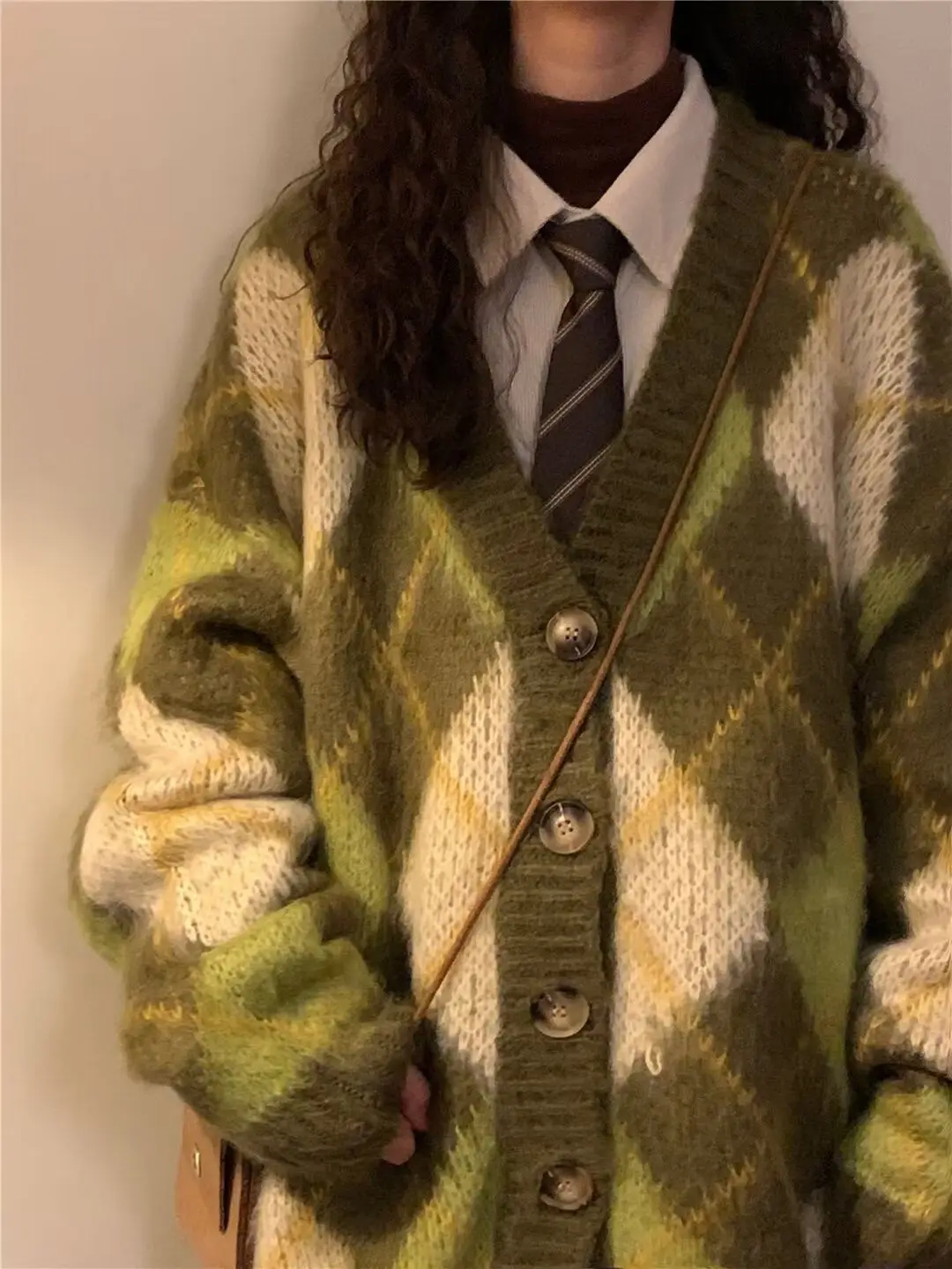 Niche American design pineapple green diamond check sweater coat Female Sweet Spice slouchy loose knit cardigan