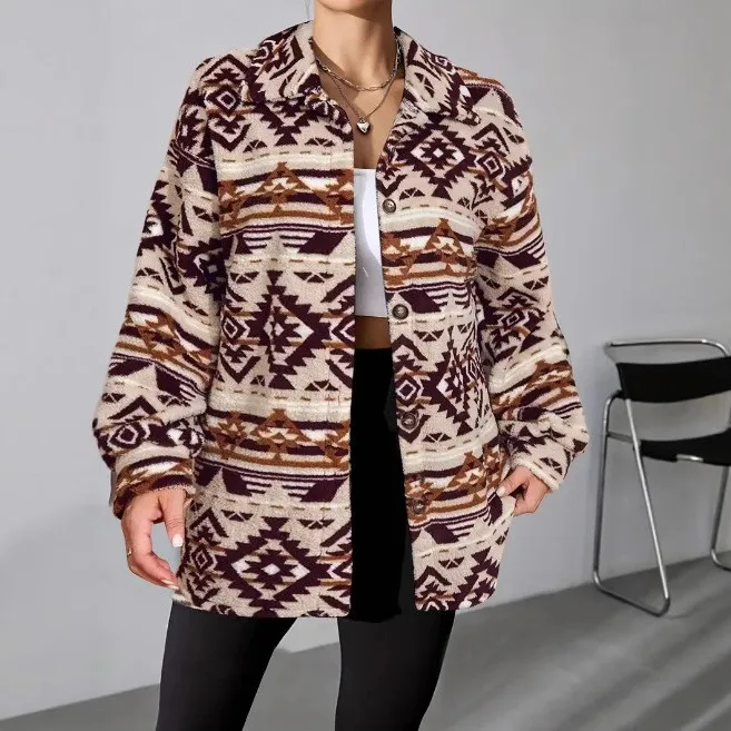 Casual Printed Loose Fit Coat with Notched Collar Commuter Chic Mid Long Length Shirt Sleeve Thick Tie Dye Winter Women Jacket