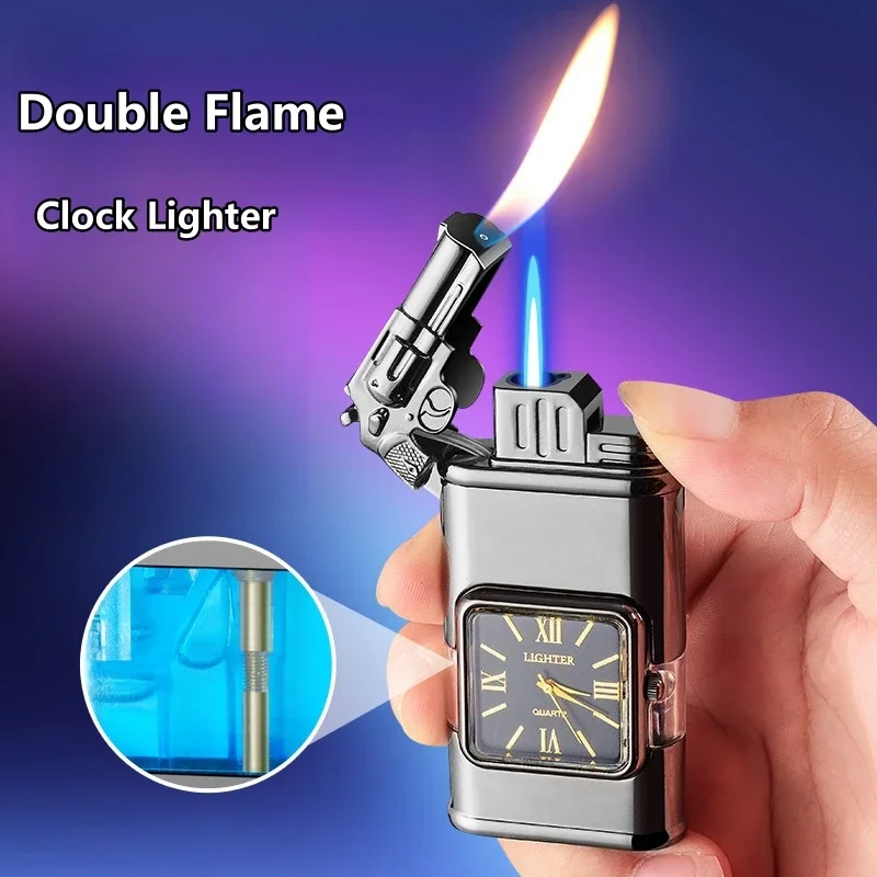 Crocodile Clock Double Flame Creative Butane Gas Lighter Metal Convenient Outdoor Windproof Turbine Torch Jet Recycling Lighter