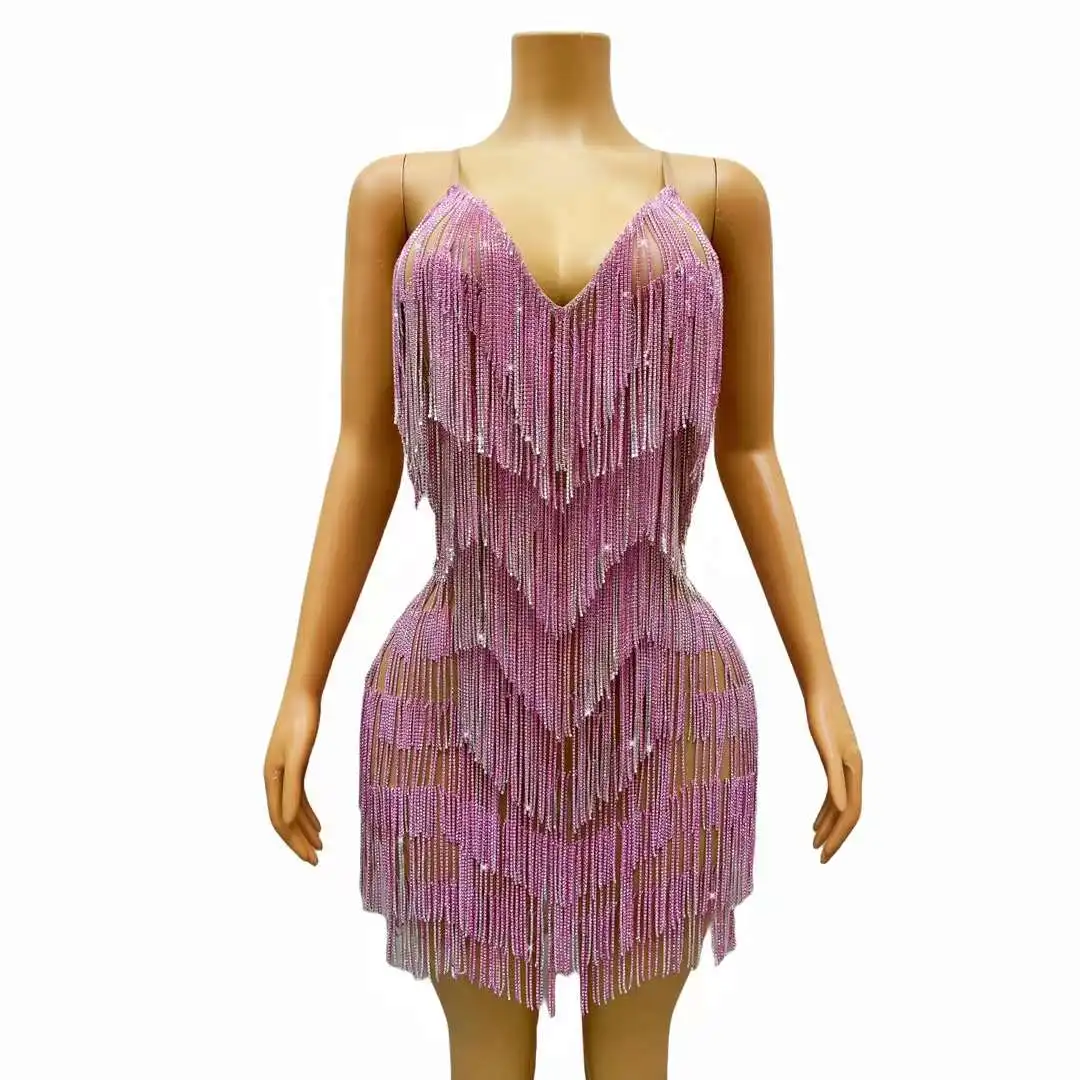 Women sparkle Deep V Rhinestone Fringe Evening Dress Sexy Mini Party Nightclub Luxury Party Prom Gown Stage Show Costumes