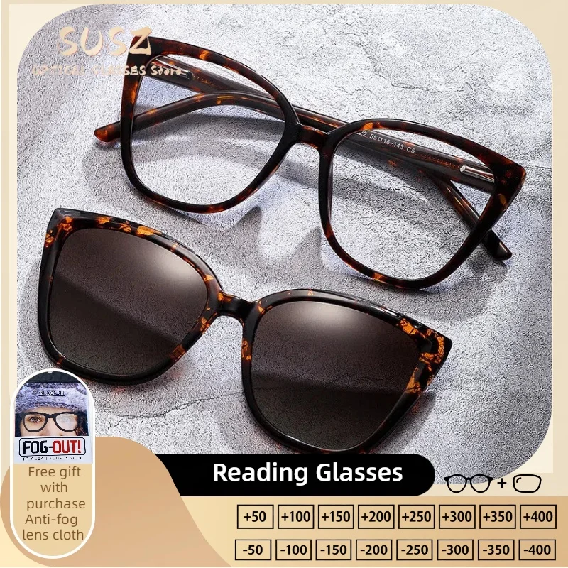 

SUSZ Trendy Cat Eye Magnet Clip Polarized Sunglasses Women Optical Anti Blue Ray Myopia Progressive Prescription Eyeglasses