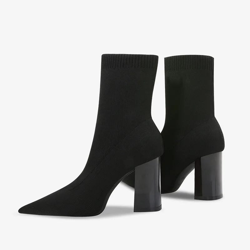 Size 33-41 Short Boots Knitted Spring And Autumn Black Socks Boots Chunky High Heel Shoes Stretch Thin Boots For Women