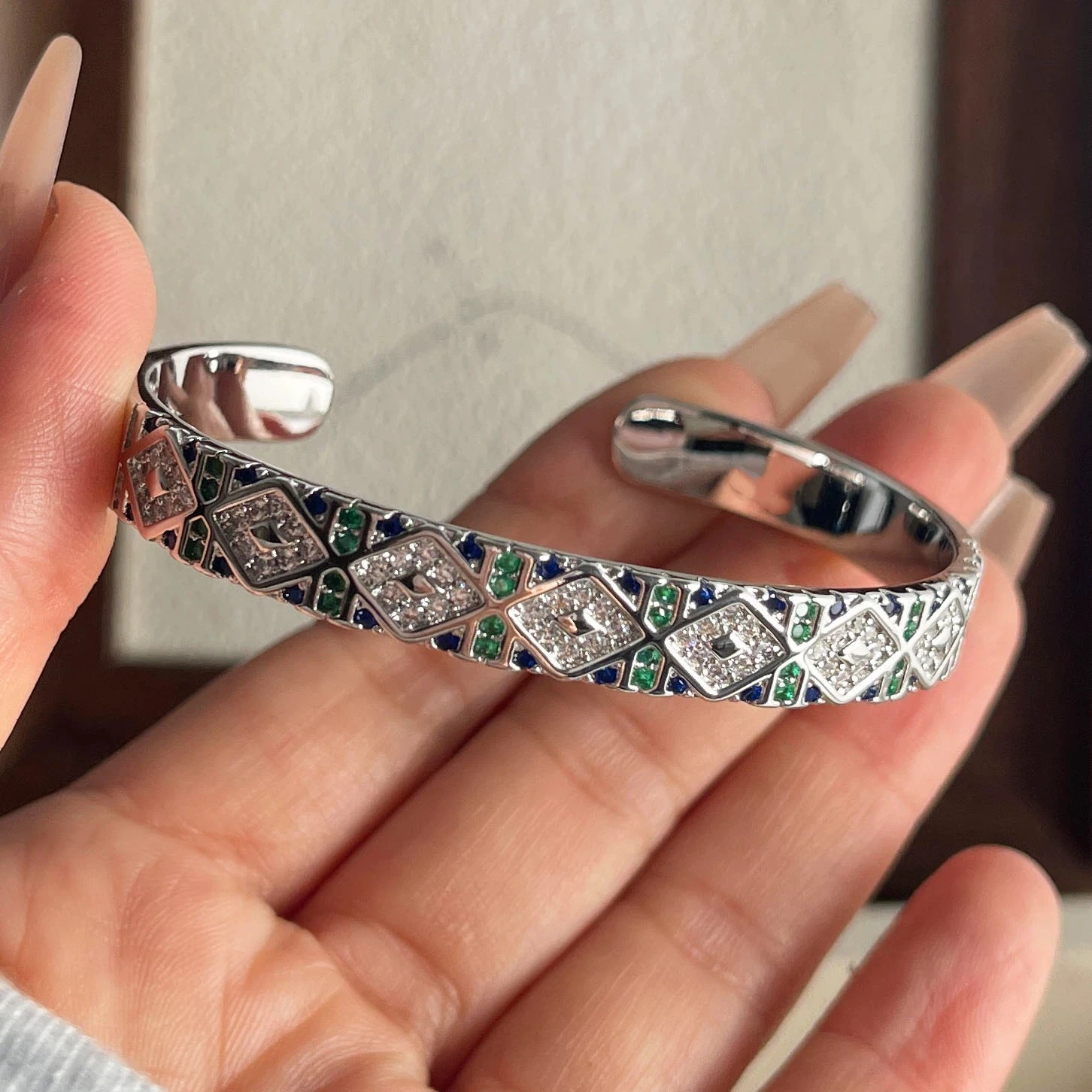 Silver Retro Bracelet for Women Men Vintage Handmade Wide Blue CZ Simple Bracelet Birthday Gift