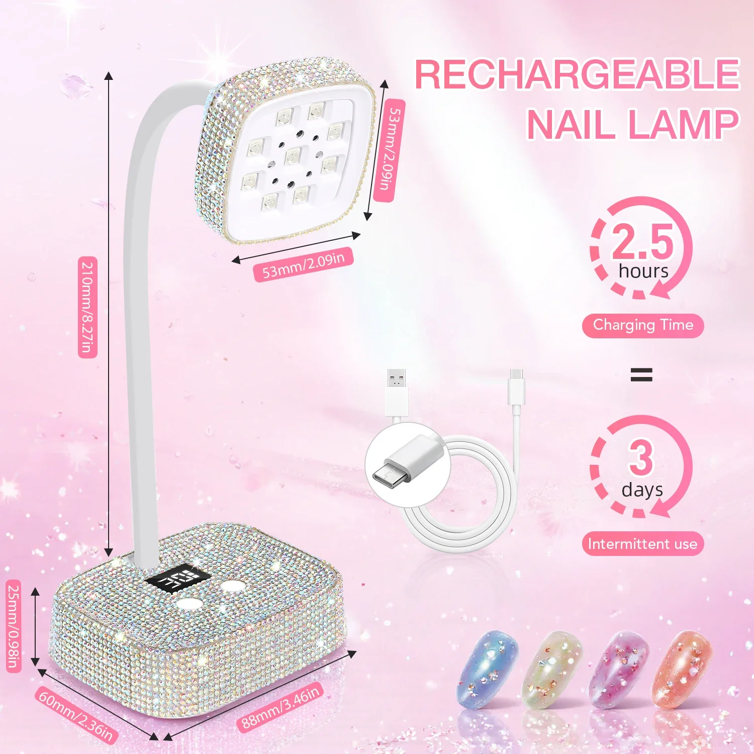 DianaBeauty Rechargeable Nail Lamp LED UV Nail Dryer with Silver Rhinestone and Auto Sensor Portable Manicure Lamp Nail Tools