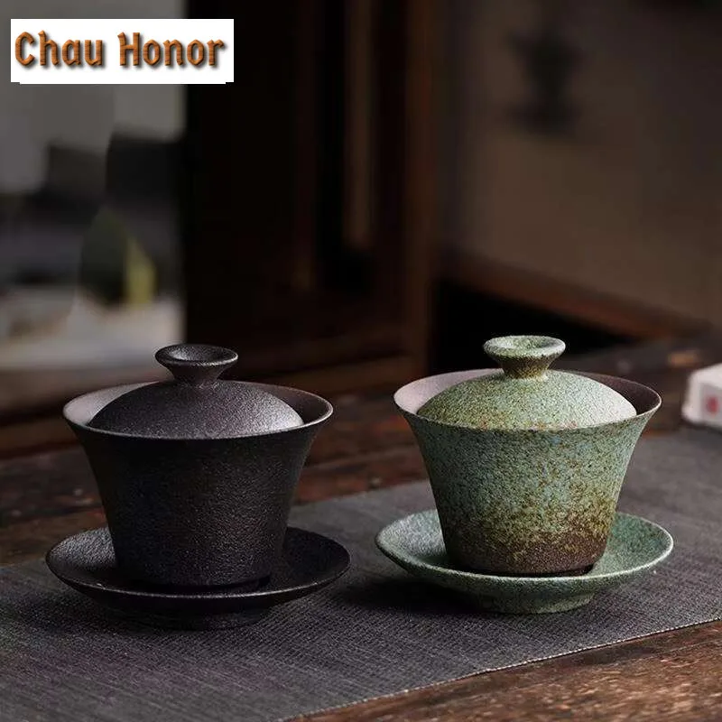 

130ml Retro Coarse Pottery Gaiwan Ancient Ceramic Soupers with Lids Tea Tureen Household Tea Maker Cover Bowl for Tea Decoration