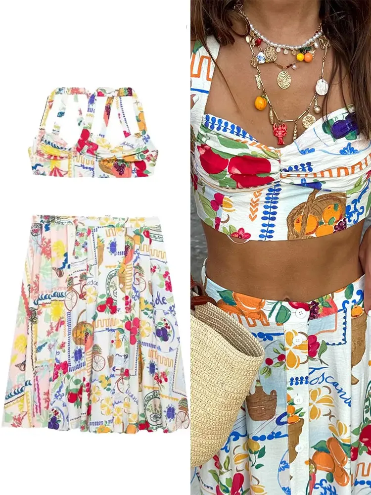 

HH Women 2 Piece Set Sexy Sleeveless Backless Print Buttons Mini Sling Top+Elegant High Waist Buttons Beach Midi Skirt