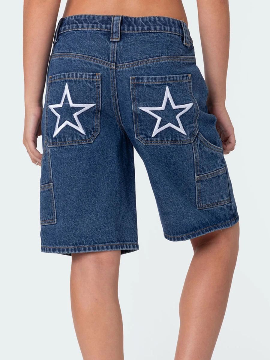 Dames zomer jeansshorts casual knielengte sterrenprint denim korte broek voor vakantie strandclub streetwear