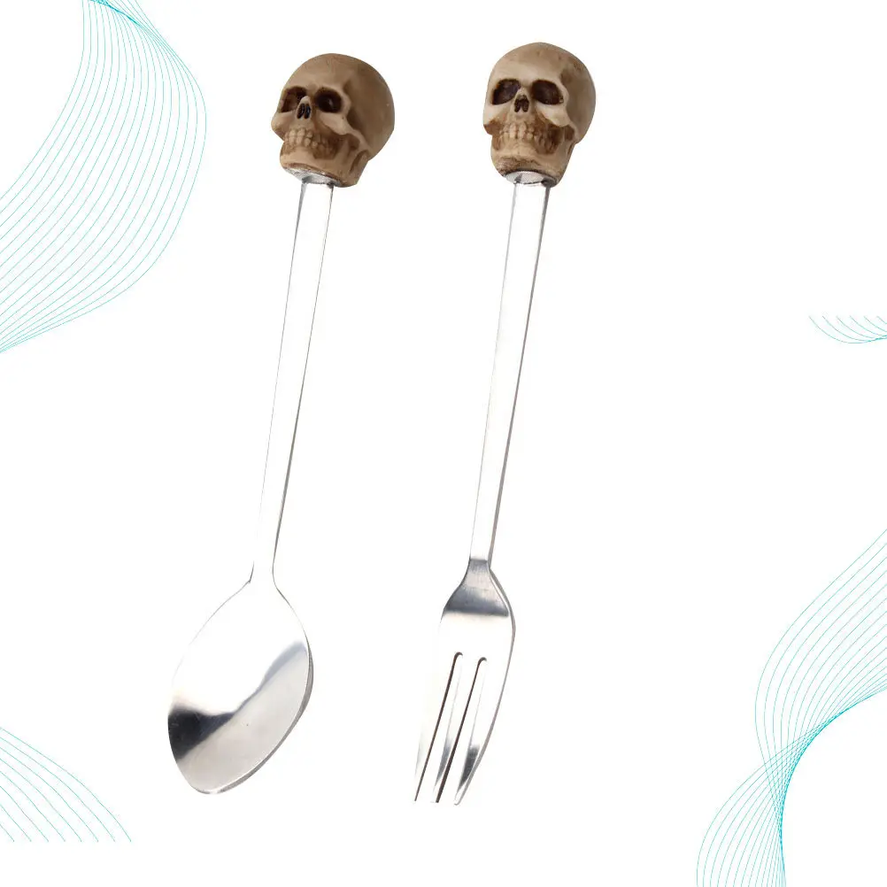 2Pcs Stainless Steel Fork Spoon Set Skull Design Rust Resistant Portable Tableware for Travel Dining Flatware Cutlery view 6