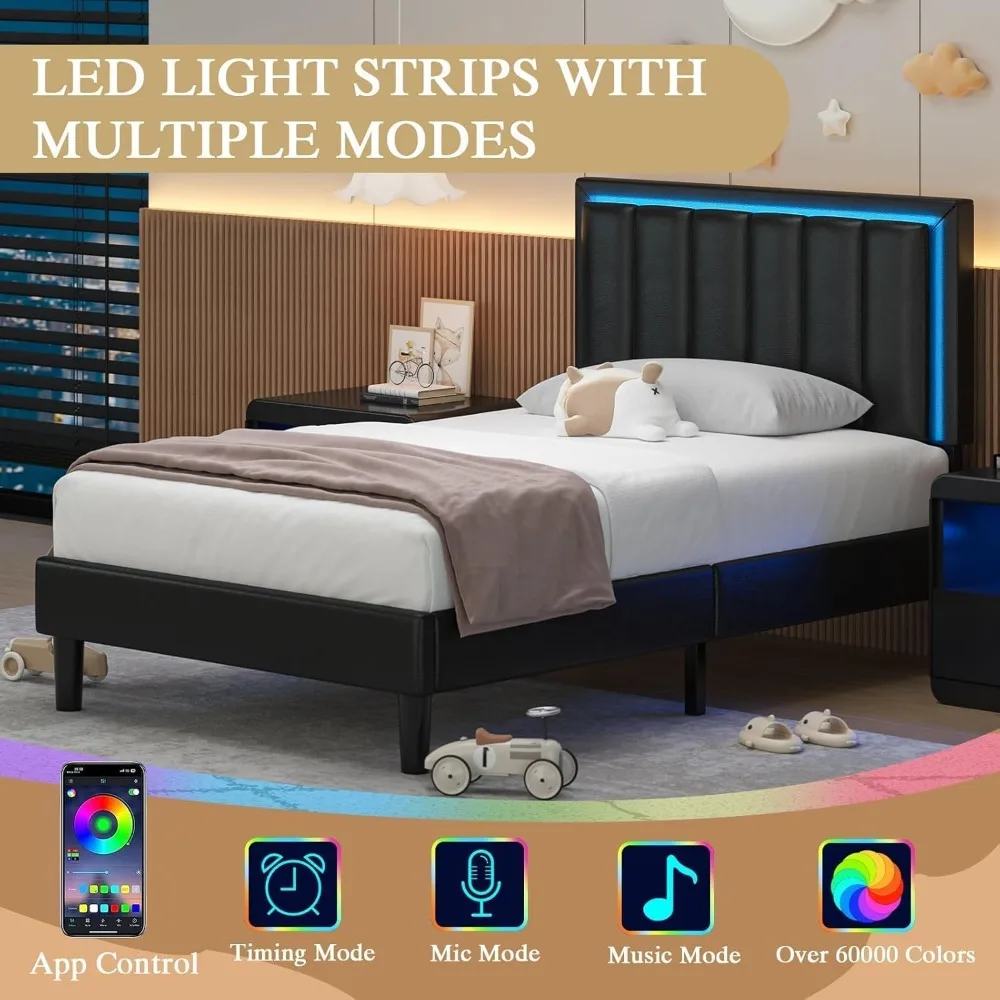 침대 프레임, 헤드보드가 있는 트윈 사이즈, RGB LED 조명, 견고한 목재 칸막이 지지대, 소음 없음, 박스 스프링 필요 없음