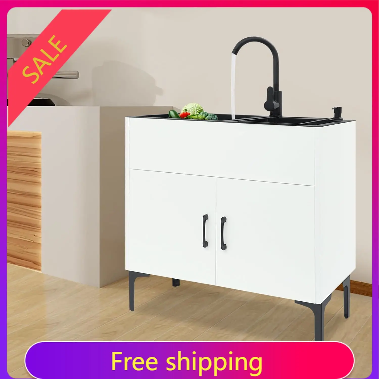30-Inch Laundry Sink with Cabinet & Hot/Cold Fauce, Large Utility Sink Cabinet with Stainless Steel Double Sinks & Drain Basket,