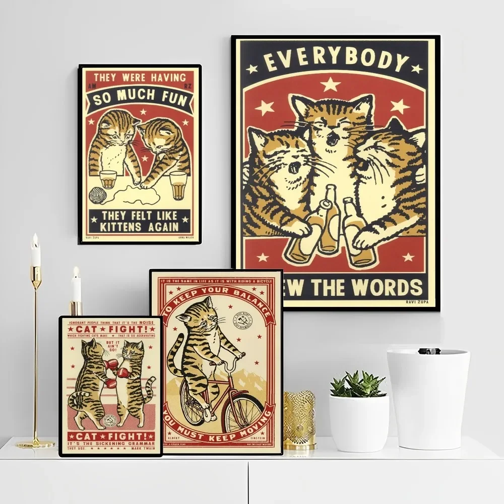 Everybody Cheers Drunk Dinner Pet Cat Poster Self-adhesive Art Poster Retro Kraft Paper Sticker DIY Room Cafe Vintage Decorative